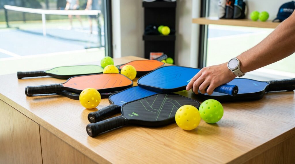 Hand selects a blue pickleball paddle from a vibrant array of paddles and balls on a wood table, with a blurred court in background.