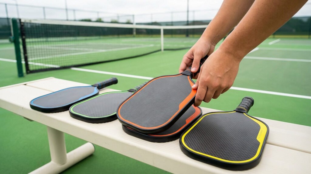 Hands reaching for one of four vibrant carbon fiber pickleball paddles on a bench, with a blurred green court and net behind.