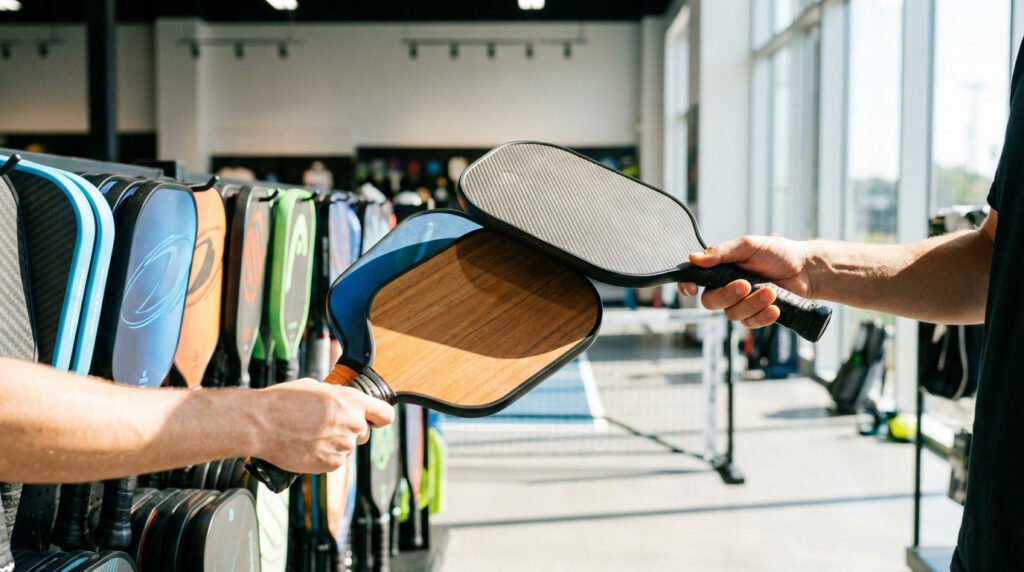 Hands comparing a wooden and a carbon fiber pickleball paddle in a well-lit sports store aisle, with a rack of colorful paddles.