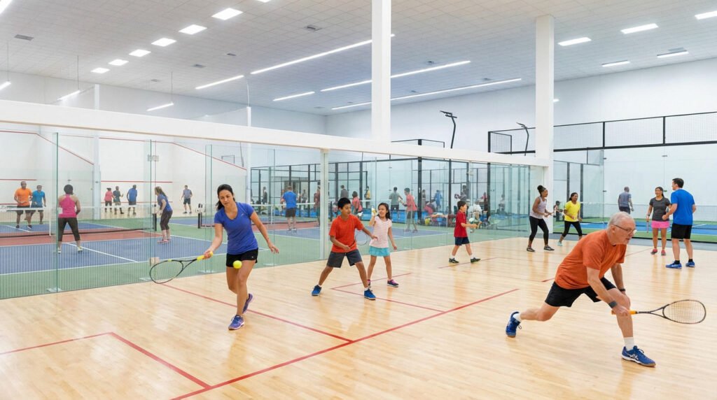Diverse people of all ages play various racket sports like tennis and squash in a bright, modern indoor sports complex.