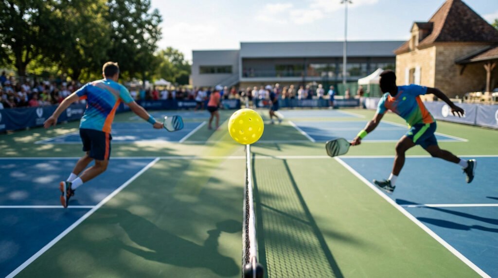 Bright yellow pickleball mid-air over net. Two players in dynamic action on a vibrant blue/green outdoor court with French background.