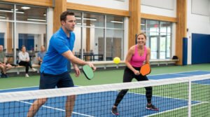 A man swings a green paddle at a yellow pickleball over a net, while a woman with an orange paddle smiles, ready to receive on a bright indoor court.