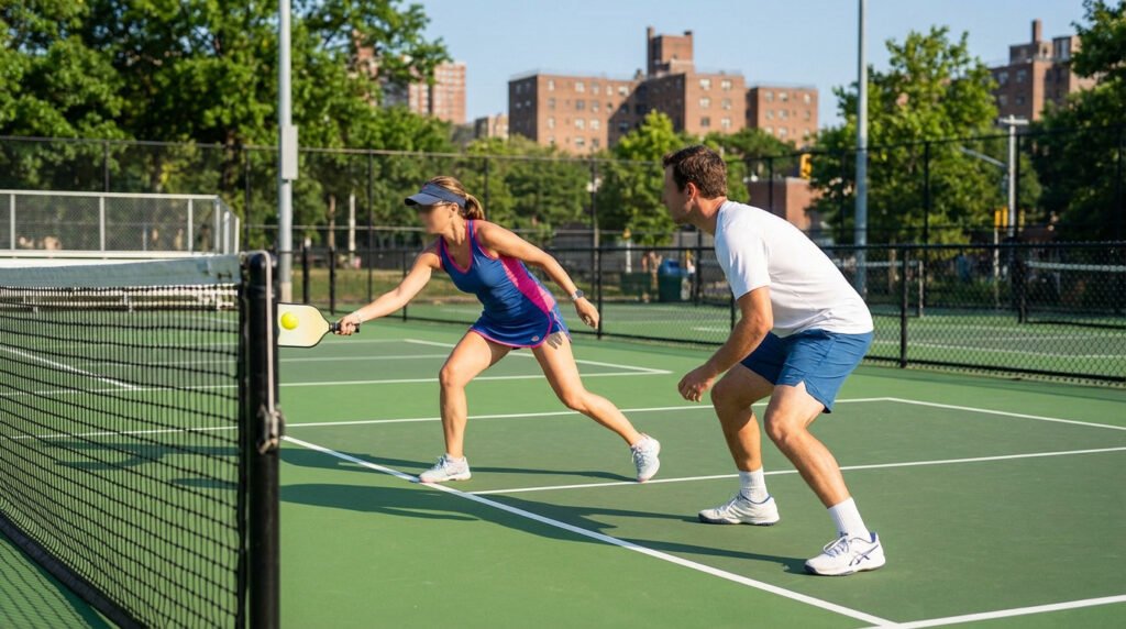 Two people playing pickleball on a vibrant green court. A woman in blue and pink hits the ball, while a man in white and blue watches. Urban park background.
