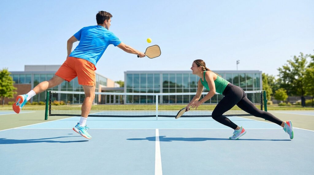 A dynamic pickleball match on a bright blue court. A man swings at a yellow wiffle ball while a woman readies to return the shot. Energetic and vibrant.