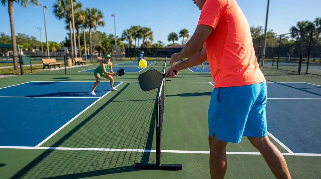 A person in orange serves a yellow pickleball over the net to an opponent in green on a sunny outdoor court with palm trees.