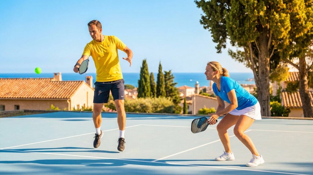 Man in yellow and woman in blue play pickleball on a sunny blue court. Man jumps to hit ball; woman ready. Mediterranean coast background.