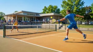 Two pickleball players in colorful athletic wear rally on a sunny outdoor court. One player hits a yellow ball, the other awaits. Spectators and a club building are visible.
