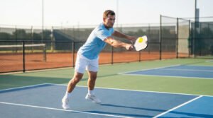 A focused male athlete in light blue and white hits a yellow pickleball with a paddle on a vibrant blue and green court. Outdoor stadium.