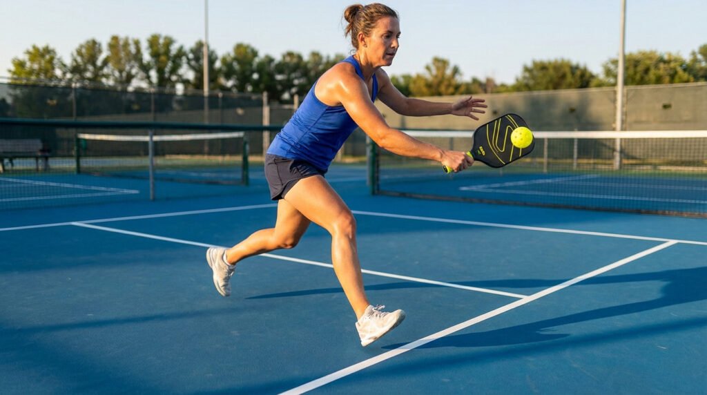 A female pickleball player in blue and dark athletic wear lunges to hit a yellow ball with her paddle on a vivid blue court.