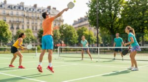 Four players enjoying dynamic pickleball on a bright green court, one serving, others ready, with Paris architecture.