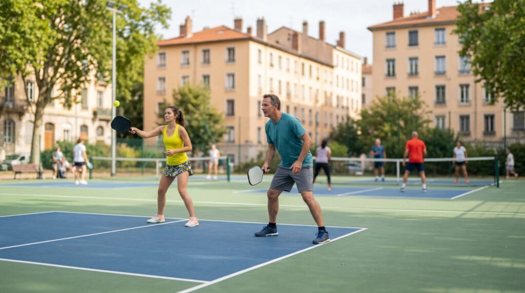 Two players, a young woman and middle-aged man, play pickleball on a vibrant outdoor court in Lyon. Urban buildings and other players are in the blurred background.
