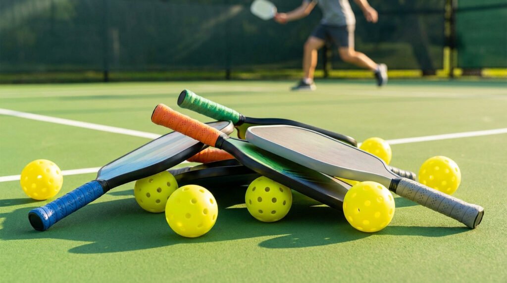 Primeiro plano de raquetes e bolas de pickleball amarelas em quadra verde. Cabos texturizados e bolas perfuradas em destaque. Jogador desfocado ao fundo.