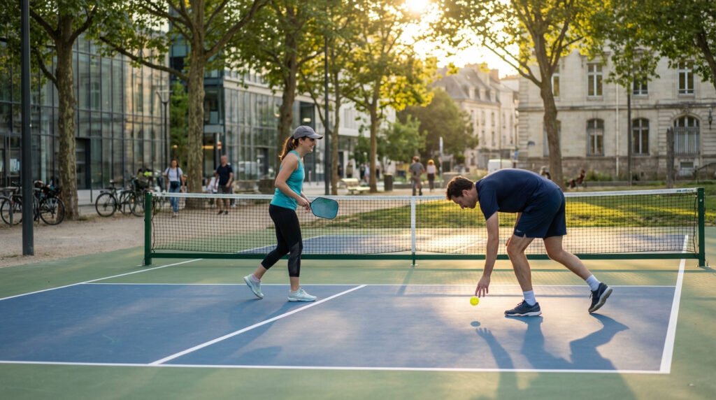 Outdoor pickleball court at golden hour with two players. Man retrieves ball, woman holds paddle, smiling. Urban park scenery.