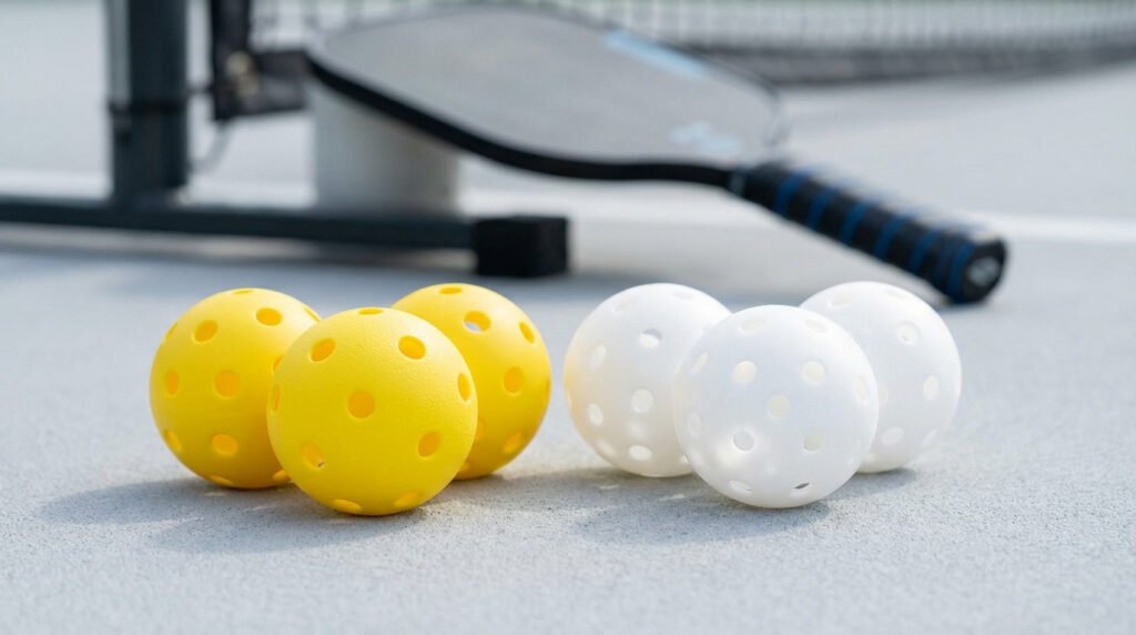 A close-up of three vibrant yellow outdoor pickleball balls next to three white indoor balls on a court, with a blurred paddle behind.