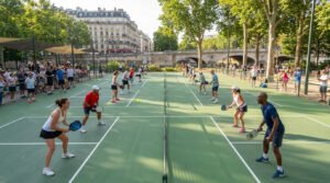 A wide-angle photo shows multiple pickleball courts in a sunny French park. Players of diverse ages are actively engaged, while spectators watch from the sidelines. Classic French buildings and a stone bridge are in the background.
