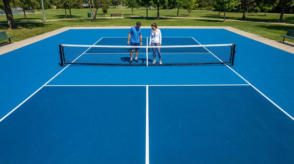 Elevated view of a vibrant blue pickleball court with white lines, net, and two players checking the court. Full dimensions visible.