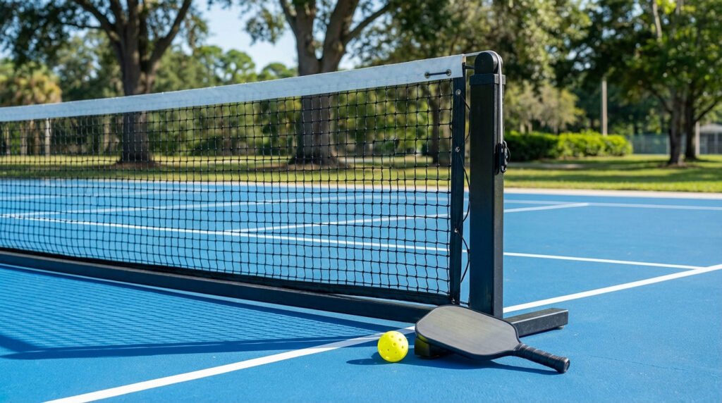 Vibrant blue pickleball court with a taut net, yellow ball, and dark paddle, set outdoors under bright natural light.