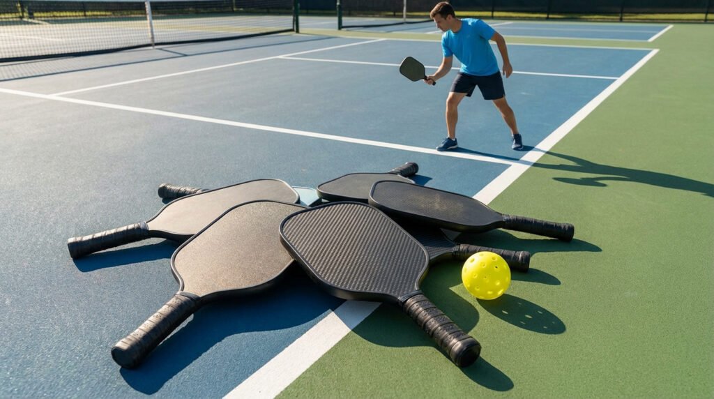 Multiple pickleball paddles, including carbon fiber, and a yellow ball on a vibrant court. A player stands ready in the background.