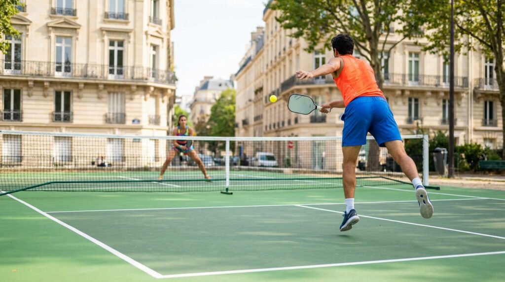 Two people playing pickleball on a vibrant green court in Paris, with historic buildings in the soft-focus background. One player swings, the other awaits.