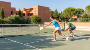 Two players, a woman in blue and a man in green, actively play pickleball on an outdoor court in sunny Montpellier, with Mediterranean architecture in the background.