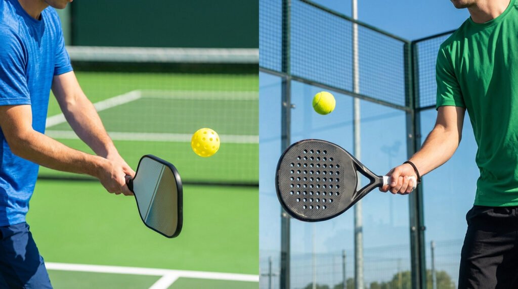 Two athletes, one with a pickleball paddle and wiffle ball on a green court, the other with a padel racket and tennis ball on a glass-walled court, contrasting both sports.