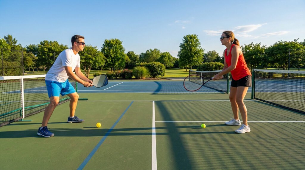 A man with pickleball gear and a woman with tennis gear stand on an outdoor court with both sport lines under a bright sky.