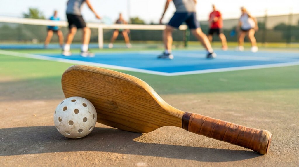 Vintage wooden pickleball paddle and white perforated ball on court. Blurry players on a vibrant green and blue pickleball court in the background.