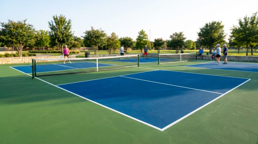 Vibrant blue and green pickleball courts with white lines and nets. Blurred players in athletic attire are visible in the background.