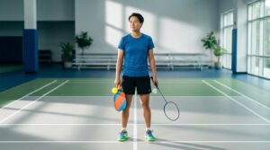 An individual in athletic wear stands on a sports court, holding a pickleball paddle and a badminton racket, pondering which sport to play.